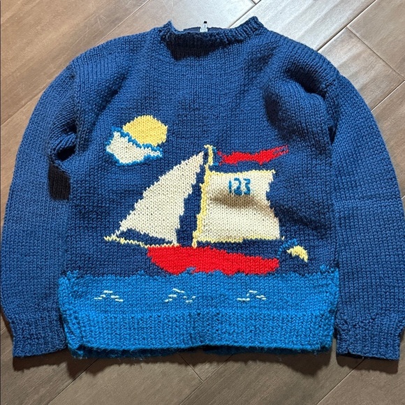 Other - Vintage Hand Knit Sailboat Zip Up Cardigan Sweater